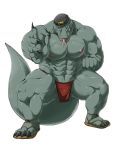  2019 4_toes 5_fingers abs anthro claws clothing fighting_stance footwear green_scales hat headgear headwear kemono loincloth looking_at_viewer male muscular muscular_male nipples pecs pose reptile samoji sandals scales scalie solo toe_claws toes tongue vein 