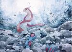  absurdres air_bubble bubble commentary_request from_below from_side highres kamonabe_(kamonabeekon) light_rays milotic no_humans painting_(medium) pokemon pokemon_(creature) rock solo traditional_media underwater watercolor_(medium) 