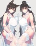  2girls absurdres animal_ear_fluff animal_ears asymmetrical_docking atago_(azur_lane) azur_lane bangs bare_shoulders blush bow breast_press breasts brown_eyes brown_hair closed_mouth commentary_request covered_navel dress elbow_gloves extra_ears eyebrows_visible_through_hair from_side gloves grey_background hair_between_eyes hair_bow hand_up highres large_breasts long_hair looking_at_viewer multiple_girls panties ponytail side-tie_panties side_slit simple_background smile swept_bangs takao_(azur_lane) thighhighs thighs underwear very_long_hair white_bow white_dress white_gloves white_legwear white_panties yamanokami_eaka 