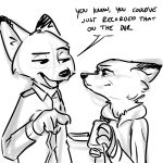  2018 ambiguous_gender anthro camera canid canine cheek_tuft clothed clothing dialogue dipstick_ears disney duo english_text fox greyscale half-closed_eyes holding_object ittybittykittytittys mammal monochrome mrs._wilde multicolored_ears neck_tuft nick_wilde simple_background text tuft video_camera white_background zootopia 