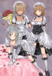  3girls alternate_costume aohashi_ame arm_behind_back arm_garter arm_support bangs black_choker black_dress black_footwear blush bouquet brave_witches breasts brown_eyes brown_hair choker cleavage closed_mouth commentary_request dress edytha_rossmann elbow_gloves enmaided eyebrows_visible_through_hair flower frilled_choker frills garters gloves green_eyes gundula_rall half-closed_eye hat head_tilt holding holding_bouquet kneeling leaf leaning_to_the_side light_frown loafers looking_at_another looking_at_viewer maid medium_breasts medium_dress mob_cap multiple_girls on_bed one_eye_closed petals rose shoes short_hair short_sleeves smile socks standing waltrud_krupinski white_headwear white_legwear world_witches_series 