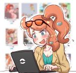  1girl absurdres annotated aqua_eyes at_computer blush censored commentary computer embarrassed english_commentary eyewear_on_head highres laptop mosaic_censoring mouse_(computer) nervous open_mouth orange_hair pae_(ac40935_m41) pixiv poke_ball_symbol pokemon pokemon_(game) pokemon_swsh side_ponytail sketch solo sonia_(pokemon) sunglasses sweat sweating_profusely tears trembling trench_coat 