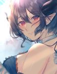  1girl bikini_top black_hair blush breasts commentary_request dasui191023 dragon_girl dragon_horns eyebrows_visible_through_hair granblue_fantasy grea_(shingeki_no_bahamut) hair_between_eyes highres horns looking_at_viewer pointy_ears red_eyes short_hair sidelocks solo upper_body 