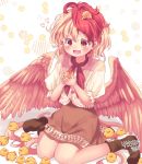  1girl :d animal_background arms_up bird bird_tail bird_wings blonde_hair blush boots brown_dress brown_footwear chick commentary_request dress feathered_wings hair_between_eyes heart holding_bird kemo_chiharu layered_dress looking_down multicolored_hair niwatari_kutaka open_mouth puffy_short_sleeves puffy_sleeves red_eyes red_hair red_neckwear short_hair short_sleeves signature sitting smile solo touhou two-tone_hair wariza white_background wings 