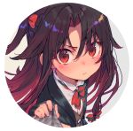  1girl black_hair blush bow close-up closed_mouth eyebrows_visible_through_hair hair_bow looking_at_viewer multicolored_hair red_bow red_eyes red_hair red_neckwear ryuuou_no_oshigoto! shirabi solo two-tone_hair upper_body yashajin_ai 