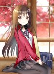  1girl autumn_leaves bangs black_legwear black_sailor_collar black_skirt blurry blurry_background blush breasts brown_eyes brown_hair closed_mouth collarbone commentary_request depth_of_field eyebrows_visible_through_hair hair_between_eyes headphones headphones_around_neck highres indoors jacket long_hair looking_at_viewer open_clothes open_jacket pleated_skirt red_jacket ryoutan sailor_collar school_uniform senryuu_shoujo shirt sitting skirt small_breasts smile solo very_long_hair wariza white_neckwear white_shirt window yukishiro_nanako 