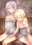  2girls =3 aohashi_ame arm_around_shoulder aurora_e_juutilainen blonde_hair blush breasts character_name cleavage commentary english_text eyebrows_visible_through_hair grey_towel happy_birthday heart medium_breasts medium_hair multiple_girls naked_towel nikka_edvardine_katajainen onsen purple_eyes short_hair silver_hair sitting snort spoken_zzz steam sweat thighs towel translated world_witches_series zzz 