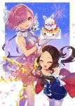  2girls animal bangs bare_shoulders black_gloves black_hair blue_bow bow breasts cake character_request citron_82 closed_eyes collarbone commentary dress elbow_gloves fate/grand_order fate_(series) feet_out_of_frame food fou_(fate/grand_order) fruit gloves hair_over_one_eye happy highres holding long_hair mash_kyrielight medium_breasts multiple_girls parted_bangs pink_eyes pink_hair purple_eyes short_hair sleeveless sleeveless_dress strawberry white_bow white_gloves white_legwear 