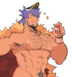  1boy armpit_hair bara beard cape chest_hair closed_mouth dande_(pokemon) dark_skin dark_skinned_male english_commentary facial_hair holding holding_poke_ball looking_at_viewer male_focus male_pubic_hair muscle nipples nude out-of-frame_censoring poke_ball poke_ball_(generic) pokemon pokemon_(game) pokemon_swsh pubic_hair purple_hair saturday_(hokawazu) smile 