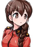  1girl aegis_(nerocc) bangs braid brown_eyes brown_hair commentary epaulettes eyebrows_visible_through_hair girls_und_panzer hair_ornament hair_over_shoulder hairclip highres insignia jacket long_hair long_sleeves looking_to_the_side military military_uniform parted_lips portrait red_jacket rukuriri simple_background single_braid solo st._gloriana&#039;s_military_uniform transparent_background uniform 