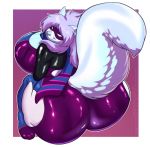  anthro big_breasts big_butt breasts butt clothing eyemask felid feline female huge_breasts huge_butt lavenderpandy looking_back mammal overweight overweight_female rubber smile solo tight_clothing 