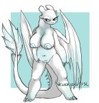  big_breasts blue_eyes blue_nipples breasts clitoris dragon dragon_tail dreamworks female how_to_train_your_dragon light_fury nipples nude pussy raccoonpocalypse scalie solo standing western_dragon white_skin 