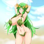  1girl absurdres armlet armpits arms_up bikini bracelet breasts circlet collarbone cowboy_shot crown expirednepbull eyelashes forehead_jewel gem green_eyes green_hair hair_flaps highres huge_breasts jewelry kid_icarus leaf_bikini lips long_hair looking_at_viewer midriff navel one_eye_closed palutena parted_lips shiny shiny_hair shiny_skin sky solo stomach swimsuit very_long_hair 
