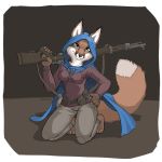  5_fingers anthro brown_eyes brown_fur canid canine clothed clothing female fox foxmode fur gun kasha kneeling looking_at_viewer mammal ranged_weapon solo tooth_and_tail weapon 