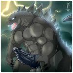  aaron_(artist) anthro balls big_penis breath dinosaur erection glowing glowing_eyes godzilla godzilla_(series) knot lightning male muscular muscular_male nude open_mouth penis precum raining reptile scalie solo standing teeth thick_thighs toho tongue 