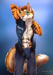  2019 abs anthro belt bulge clothed clothing digital_media_(artwork) felid feline felis fur hair looking_at_viewer male mammal muscular muscular_male nanukkluik pantherine pecs pinup police police_uniform pose smile solo sverre_(tigerlover1) tiger underwear uniform 