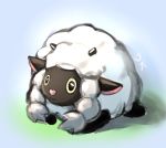  :3 artist_name black_eyes blue_background closed_mouth deekei english_commentary gen_8_pokemon horns lying no_humans pokemon pokemon_(creature) signature simple_background solo wooloo yellow_sclera 