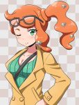  1girl ;) aqua_eyes aqua_shirt breasts checkered checkered_background cleavage closed_mouth coat collarbone eyebrows_visible_through_hair eyewear_on_head hair_ornament heart heart_hair_ornament kayama_kenji long_hair long_sleeves looking_at_viewer medium_breasts one_eye_closed orange_hair pokemon pokemon_(game) pokemon_swsh shirt side_ponytail smile solo sonia_(pokemon) yellow_coat 