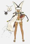  1girl belt beltbra breasts cape clover colored_eyelashes creature dark_skin four-leaf_clover full_body guilty_gear guilty_gear_xrd hat highres huge_weapon long_hair orange_eyes platinum_blonde_hair ramlethal_valentine short_shorts shorts thigh_strap underboob weapon white_hair zaki_(narashigeo) 