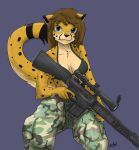  2019 anthro army black_fur blue_eyes bra breasts brown_hair camo cheetah clothed clothing felid feline female fur gun hair hi_res holding_object holding_weapon looking_at_viewer mammal military purple_background ranged_weapon sa-chat sachat simple_background sitting sniper solo spots spotted_fur underwear weapon yellow_fur 
