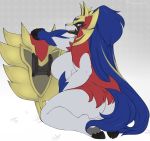  2019 anthro anthrofied breasts butt canid female iriedono legendary_pok&eacute;mon looking_back mammal nintendo nipples pok&eacute;mon pok&eacute;mon_(species) pok&eacute;morph solo video_games zamazenta 