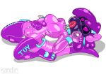  &lt;3 2019 breasts bulge clothing fleshlight_gag gas_mask intersex kandlin kneeling leather lutrine mammal mask mustelid pink_theme purple_theme rubber skinsuit solo tight_clothing 