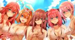  5girls ahoge bangs bikini blue_eyes blue_sky blunt_bangs blush breasts brown_hair choker cleavage closed_mouth cloud collarbone commentary_request eyebrows_visible_through_hair go-toubun_no_hanayome hair_between_eyes halterneck hand_on_own_chest highres hoshi_san_3 large_breasts long_hair looking_at_viewer medium_hair multiple_girls nakano_ichika nakano_itsuki nakano_miku nakano_nino nakano_yotsuba one_eye_closed open_mouth orange_hair parted_lips pink_hair red_hair ribbon short_hair sideboob sky smile swimsuit translation_request white_bikini white_ribbon 