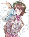  1girl backpack bag bangs blush brown_eyes brown_hair cardigan dress female_protagonist_(pokemon_swsh) gen_8_pokemon green_headwear grey_cardigan hat long_sleeves pokemon pokemon_(creature) pokemon_(game) pokemon_swsh short_hair shuri_(84k) smile sobble solo tam_o&#039;_shanter 