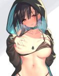  1girl bikini black_bikini black_choker black_hair blue_hair breasts choker collarbone hands_on_own_chest head_tilt heavy_breathing highleg highleg_bikini hood hoodie large_breasts long_sleeves looking_at_viewer matsuha_shuu multicolored_hair navel original parted_lips red_eyes short_hair sidelocks solo stomach swimsuit two-tone_hair upper_body 