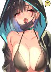  1girl :o bare_shoulders bikini black_bikini black_choker black_hair blue_hair breasts choker cleavage collarbone fang halter_top halterneck highres hood hoodie large_breasts looking_at_viewer mask_pull matsuha_shuu multicolored_hair open_mouth original piercing red_eyes saliva short_hair simple_background solo speech_bubble surgical_mask swimsuit tongue tongue_out tongue_piercing two-tone_hair upper_body white_background 