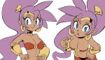  bandeau blue_eyes bottomwear breasts capcom choker cleavage clothed clothing collarbone female front_view genie hair hand_on_hip hands_on_hips humanoid humanoid_pointy_ears looking_at_viewer nails navel purple_hair red_bottomwear red_clothing red_topwear shantae shantae_(series) simple_background smile tan_skin teevo topwear video_games wayforward white_background 