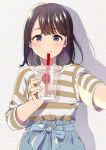  1girl bangs beige_shirt blush brown_eyes brown_hair closed_mouth commentary_request cup disposable_cup drinking_straw hand_up holding holding_cup long_sleeves looking_at_viewer mattaku_mousuke medium_hair milk_tea multicolored multicolored_clothes original outstretched_arm shadow shirt smile solo striped striped_shirt tareme upper_body wall white_shirt 