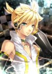  1boy absurdres black_sleeves blonde_hair checkered checkered_background closed_mouth collar collarbone detached_sleeves eyebrows_visible_through_hair frown gabiran green_eyes hair_between_eyes hand_in_hair headphones highres jewelry kagamine_len long_sleeves male_focus necklace shirt short_hair sleeveless sleeveless_shirt solo vocaloid vocaloid_append white_shirt 