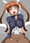  1boy 1girl blush breasts brown_eyes brown_hair covered_nipples girl_on_top grey_background hair_ornament hair_ribbon large_breasts long_hair looking_at_viewer lyrical_nanoha mahou_shoujo_lyrical_nanoha_strikers monochrome_background open_mouth ribbon saliva sex shiny shiny_clothes shiny_hair shiny_skin simple_background skirt straddling takamachi_nanoha thighhighs tongue twintails vaginal white_legwear white_skirt zerosu_(take_out) 