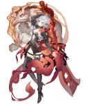  1girl asymmetrical_bangs bangs boots breasts bright_pupils claws dark_persona full_body hair_ornament half-nightmare high_heels huge_weapon ji_no lion looking_at_viewer navel navel_cutout official_art pale_skin red_eyes shrug_(clothing) sinoalice small_breasts snow_white_(sinoalice) solo sword sword_behind_back thigh_boots thigh_strap thighhighs transparent_background weapon white_hair white_pupils 