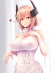  1girl 89_(hakkyuu) azur_lane bangs bare_shoulders blonde_hair breasts bridal_gauntlets bridal_veil brown_eyes cleavage cleavage_cutout closed_mouth collarbone commentary_request covered_nipples diadem dress elbow_gloves eyebrows_visible_through_hair gloves hair_between_eyes hand_on_own_chest headgear heart highres indoors large_breasts looking_at_viewer multicolored_hair red_hair roon_(azur_lane) shiny shiny_skin short_hair smile solo standing streaked_hair veil wedding_dress white_dress white_gloves 