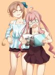  2girls ahoge akigumo_(kantai_collection) bangs blush book brown_hair closed_eyes collarbone eyebrows_visible_through_hair floral_print glasses hair_ribbon highres holding holding_book kantai_collection kazagumo_(kantai_collection) long_hair makigumo_(kantai_collection) multiple_girls open_mouth orange_background pink_hair ponytail ribbon shirt shorts simple_background skirt standing suspender_skirt suspenders sweat sweatdrop swimsuit yellow_eyes yotubawatane 