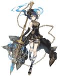  1girl alice_(sinoalice) bare_shoulders black_hair chain chandelier dress elbow_gloves expressionless eyebrows_visible_through_hair fire full_body gloves gold_trim hair_ribbon ji_no looking_at_viewer official_art platform_footwear polearm red_eyes ribbon short_hair sinoalice solo spear tattoo thigh_strap transparent_background weapon 