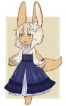  1other :3 :d animal_ear_fluff animal_ears bangs commentary_request dress eyebrows_visible_through_hair flower fur green_eyes hair_flower hair_ornament kawasemi27 light_brown_hair long_sleeves looking_away made_in_abyss medium_hair nanachi_(made_in_abyss) open_mouth paws simple_background smile solo tail whiskers 
