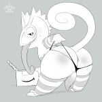  amazon animal_genitalia animal_penis anus backsack balls bent_over big_butt biped butt butt_pose clothed clothing curled_tail digital_media_(artwork) grey_background half-closed_eyes kecleon legwear long_tail long_tongue looking_at_viewer looking_back male monochrome nikkibunn nintendo penis pok&eacute;mon pok&eacute;mon_(species) reptile scalie simple_background skimpy smile solo standing stockings sweat thigh_highs thong tongue tongue_out video_games 
