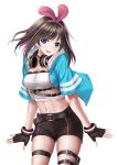  1girl :d a.i._channel arisku bangs belt belt_buckle black_belt black_gloves blue_eyes blue_jacket breasts brown_hair brown_shorts buckle cleavage commentary_request crop_top eyebrows_visible_through_hair fingerless_gloves gloves hair_ribbon hairband head_tilt headphones headphones_around_neck heart highres hood hood_down hooded_jacket jacket kizuna_ai medium_breasts midriff multicolored_hair navel open_clothes open_jacket open_mouth pink_hair pink_hairband pink_ribbon ribbon round_teeth shirt short_shorts short_sleeves shorts simple_background smile solo streaked_hair teeth thigh_strap two-tone_hair upper_teeth virtual_youtuber white_background white_shirt wide_sleeves 