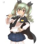  1girl anchovy bangs belt black_cape black_neckwear black_ribbon blue_skirt cape collared_shirt commentary_request drill_hair eyebrows_visible_through_hair girls_und_panzer green_hair grin hair_between_eyes hair_ribbon hand_on_hip highres long_hair long_sleeves looking_at_viewer necktie pleated_skirt red_eyes ribbon riding_crop shirt simple_background skirt smile solo thin_(suzuneya) twin_drills v-shaped_eyebrows white_background white_shirt wing_collar 