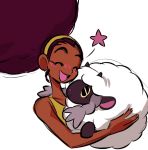  2019 ambiguous_gender awdtwit black_eyes blush brown_skin carrying clothing collarbone duo female feral fur horizontal_pupils human mammal nintendo open_mouth open_smile pink_nose pok&eacute;mon pok&eacute;mon_(species) quadruped simple_background smile video_games white_background white_fur wooloo yellow_clothing 