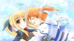  2girls black_ribbon blonde_hair blush closed_eyes cloud couple fate_testarossa flying hair_ornament hair_ribbon happy hug interlocked_fingers kerorokjy long_hair looking_at_another lyrical_nanoha magical_girl mahou_shoujo_lyrical_nanoha mahou_shoujo_lyrical_nanoha_a&#039;s multiple_girls open_mouth orange_hair red_eyes ribbon short_twintails sky smile sunlight surprised takamachi_nanoha tongue twintails white_ribbon yuri 