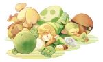  1boy bag blonde_hair dog doubutsu_no_mori egg gen_7_pokemon grookey hood link nintendo pearjarrr pointy_ears poke_ball pokemon pokemon_(game) pokemon_swsh satchel shield shizue_(doubutsu_no_mori) simple_background sleeping the_legend_of_zelda the_legend_of_zelda:_link&#039;s_awakening twitter_username yoshi 