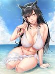  1girl alternate_costume animal_ear_fluff animal_ears arm_support atago_(azur_lane) atago_(midsummer_march)_(azur_lane) azur_lane bangs bare_shoulders bikini black_hair blush breasts brown_eyes choker cleavage collarbone commentary_request covered_nipples day extra_ears eyebrows_visible_through_hair floral_print flower hair_flower hair_ornament hair_ribbon head_tilt highres kobapyon large_breasts leaning_forward lips long_hair looking_at_viewer mole mole_under_eye navel outdoors parted_lips pulled_by_self ribbon sarong see-through sitting sky solo swept_bangs swimsuit swimsuit_pull water white_bikini white_choker white_flower white_ribbon white_sarong white_swimsuit wristband 