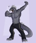  2019 anthro claws dinosaur erection eyes_closed feathers flexing grey_skin hi_res male morning_wood muscular muscular_male open_mouth pecs reptile scales scalie simple_background solo standing stretching sweatpants teeth thatmuttmarie theropod tyrannosaurid tyrannosaurus tyrannosaurus_rex white_feathers yawn 