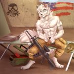  2019 4_toes 5_fingers abs aimi anthro barefoot black_nose blue_eyes canid canine digitigrade fur male mammal military sitting smile solo toes white_fur 