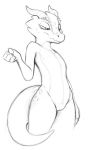  4_fingers anthro biped claws featureless_chest flat_chested front_view guide_lines half-closed_eyes horn kobold long_tail pussy reptile s1m scalie simple_background sketch solo standing white_background 