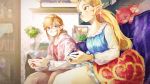  artist_name blonde_hair blue_dress blurry blurry_background bokoblin bookshelf contemporary controller couch dress earrings game_controller glasses green_eyes hair_ornament hairclip highres indoors jewelry korok link long_sleeves looking_at_another pearjarrr pillow pointy_ears ponytail princess_zelda sitting smile the_legend_of_zelda the_legend_of_zelda:_breath_of_the_wild vase watch wristwatch 